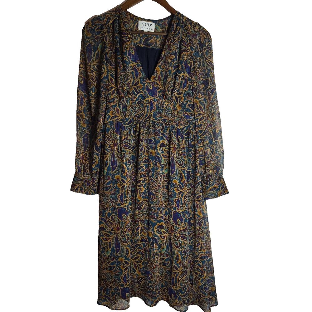 Sud Express Metallic Floral V Neck Midi Shift Dress Womens Medium